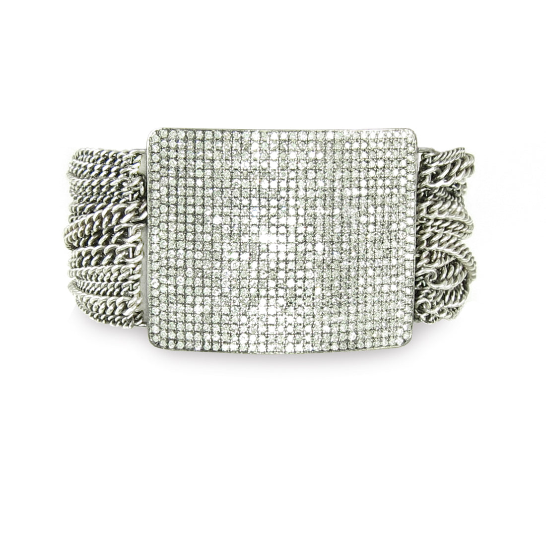 A big and bold fiery pavé diamond bar with lots of wrapped chain and magnetic clasp.