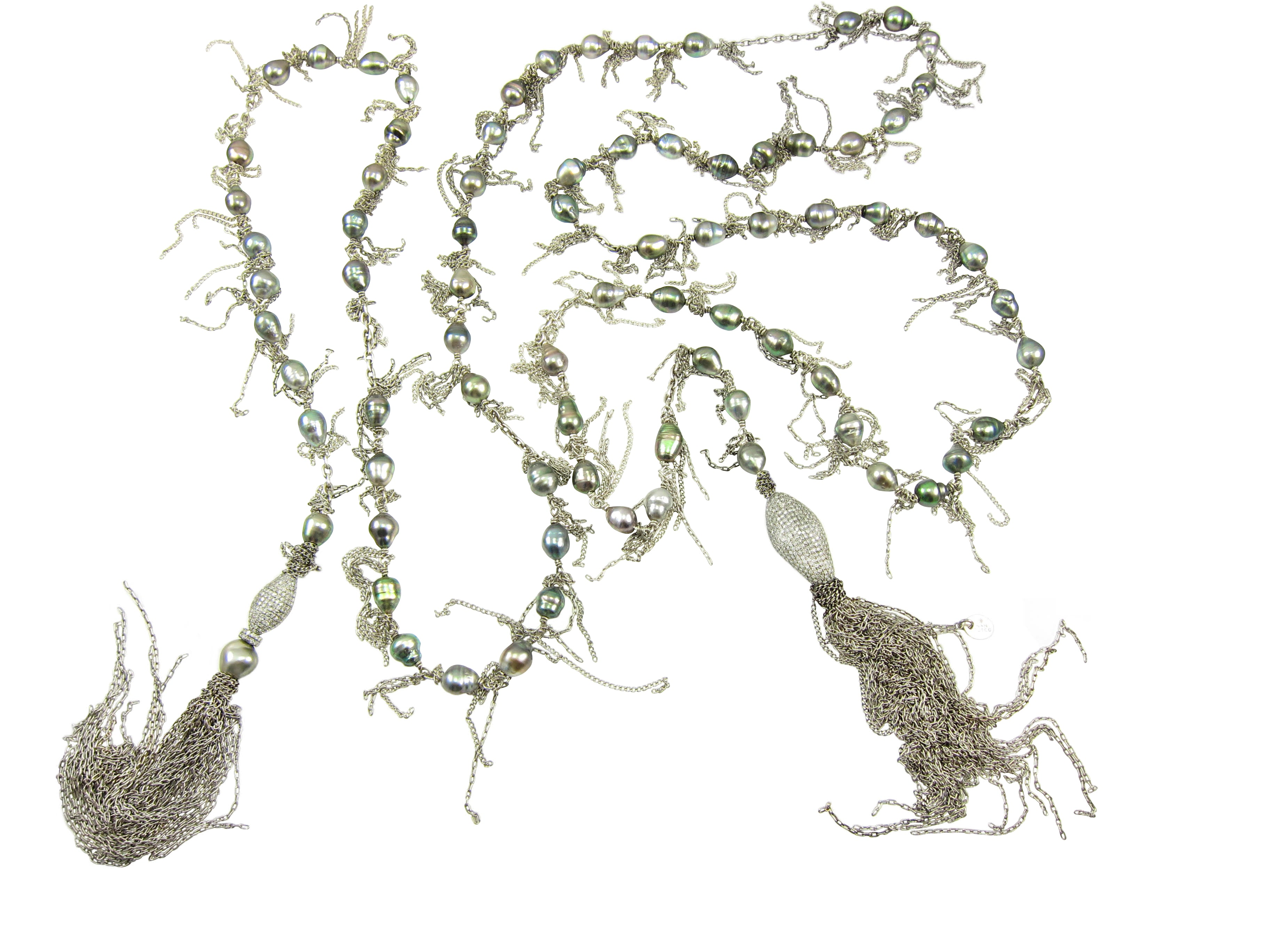 Tahitian fringed necklace with fiery diamond beads, fringe and tassels to wear just like a cashmere scarf.